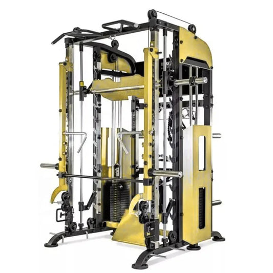 Kommersiell alt-i-ett power rack for gym, multifunksjonsrack med Smith-maskin og kabler.